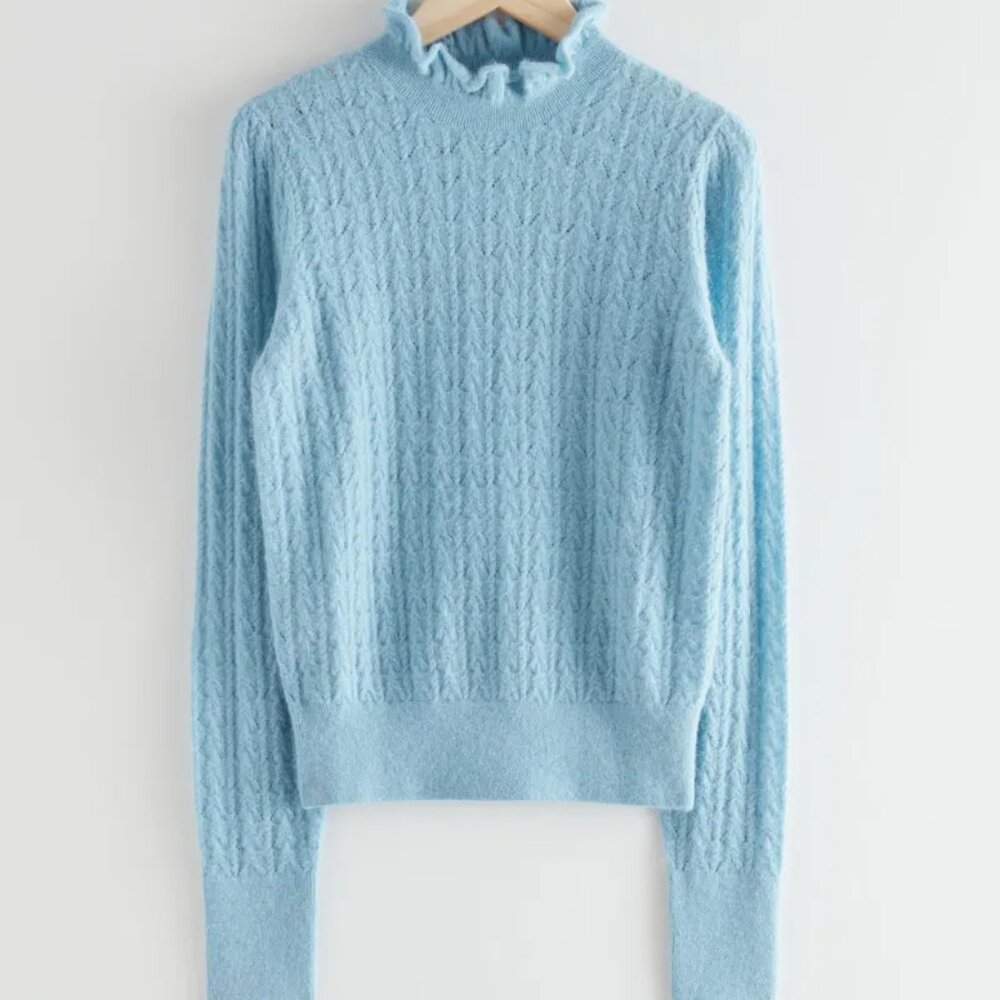 & Other Stories Wool Alpaca Cable Knit Ruffled Collar Sweater Jumper S Sky Blue
